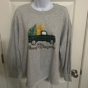 Merry Christmas Vintage Pickup Truck and Tree Sweatshirt Womens Small Grey Green